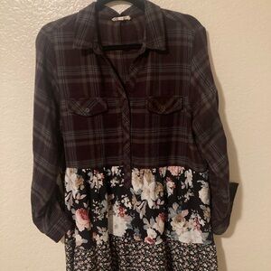 ODDY Plaid and Floral Midi Dress - Burgundy and Black